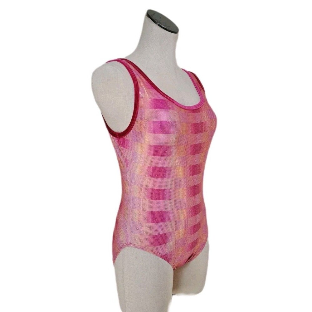 Satara VTG Pink Orange Foiled Plaid Colorblock Pixelated Tank Leotard AL Size L